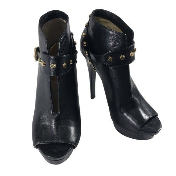 MICHAEL KORS! BLACK GENUINE LEATHER, GOLD STUDDED STILETTO PLATFORM HEELS! SZ 7M - Picture 2 of 11